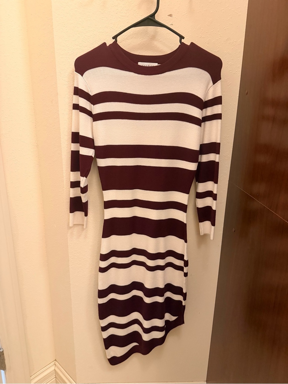 Striped Long Sleeve Knit Midi Dress in Burgundy and White